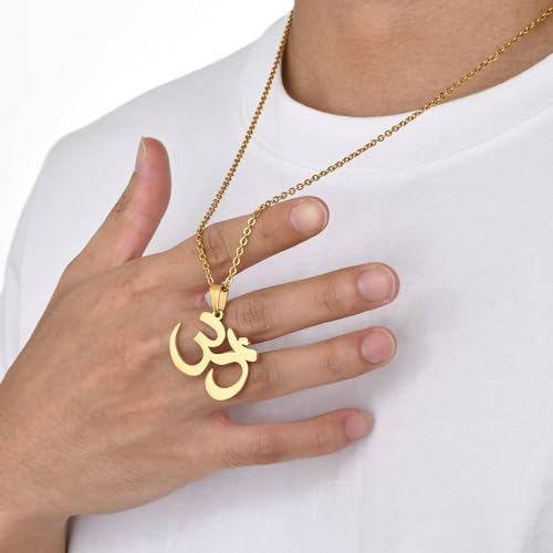 Stainless Steel Om Necklace for Men Women, gold plated/Silver/Black Yoga Charm Pendant Necklaces Aum Om Ohm Sanskrit Symbol Hindu Meditation Chain Necklace,Mens Womens Jewelry Gifts - color: Polished Gold