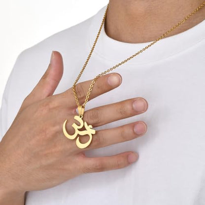 Stainless Steel Om Necklace for Men Women, gold plated/Silver/Black Yoga Charm Pendant Necklaces Aum Om Ohm Sanskrit Symbol Hindu Meditation Chain Necklace,Mens Womens Jewelry Gifts - color: Polished Gold