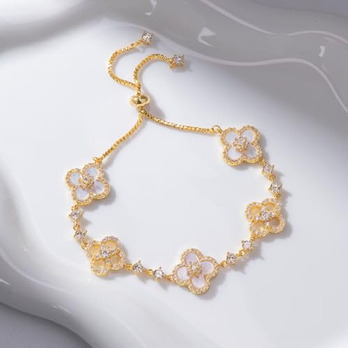 Aura & Irena Adjustable 18K Platinum Plated Clover Bracelets for Women - Mother of Pearl Non-Bangle Bracelet with 3A Cubic Zirconia, Valentine's Day Hypoallergenic Gift - color: GOLD A