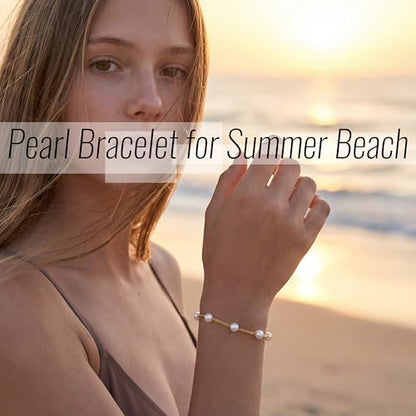 3mm Diamond Classic Tennis Bracelet for Women Dainty, Gold Jesus Cross Bracelets Trendy, 14K Gold Plated Heart/Evil Eye/Pearl/Starfish & Seashell Charm Bracelets for Women Bulk - style: Pearl-Gold plated