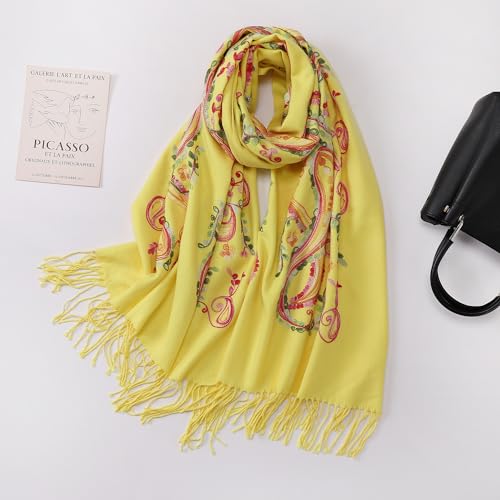 Embroidered Brushed Shawl Paisley Leaves Pattern Scarf Soft Ponchos Wrap Cape With Fringes - color: 032-lemon Yellow