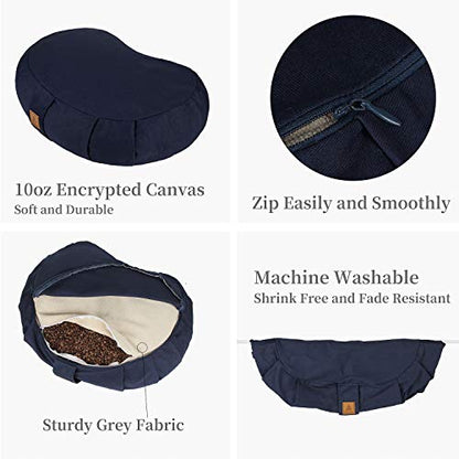 Crescent Zafu Meditation Pillow, D=17" W=11" H=5.5" Zabuton Yoga Bolster, Meditation Cushion, Floor Pouf Yoga Pillow Zippered Organic Cotton Cover Natural Buckwheat kneeling pillow - Large - color: Purple