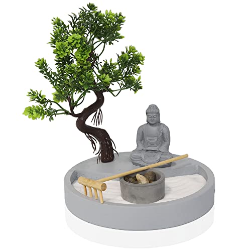 Round Shape, Zen Garden Tealight Candle Holder with a Mini Buddha Statue and a Bonsai Tree - A Perfect Japanese Art for Relaxation and Meditation - Free Your Mind with Our Mini Zen Garden Decor, Gray