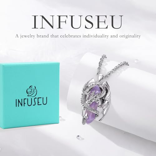 INFUSEU Unique Dragon Necklaces with Healing Crystal Stone for Men Women, Personalized Spiritual Gifts, 24 Inch Chain - color: Amethyst