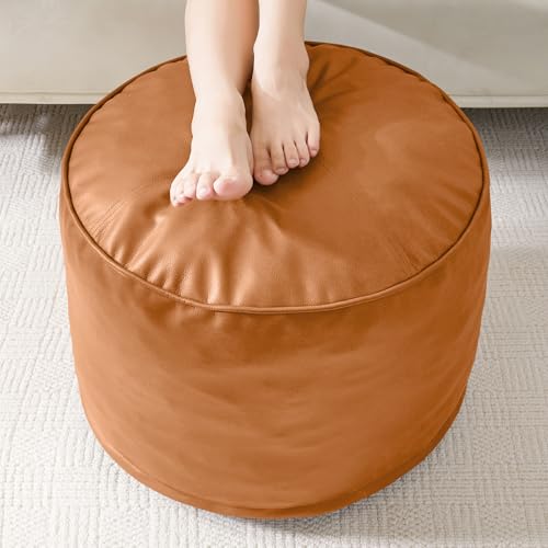 HIGOGOGO Round Stuffed Pouf Ottoman, Pu Leather Poufs with Foam Chunk Filling, Furry and Fluffy Pouf Foot Stool Storage Ottoman, 26 X 18 Floor Poufs Foot Rest for Living Room, Orange - color: Orange, size: 26"D x 26"W x 18"H