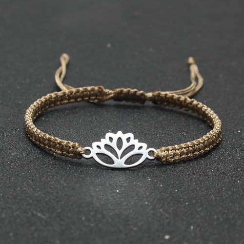 Lotus Symbol Bracelet for Women - Adjustable Cord, Silver Pendant, Spiritual Jewelry Gift - style: Cocoa Brown