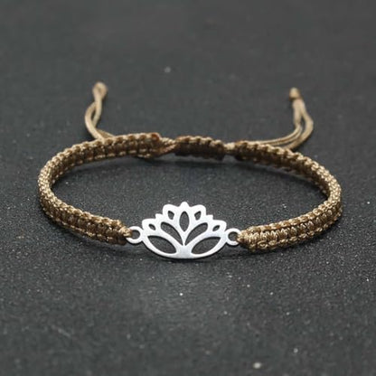 Lotus Symbol Bracelet for Women - Adjustable Cord, Silver Pendant, Spiritual Jewelry Gift - style: Cocoa Brown