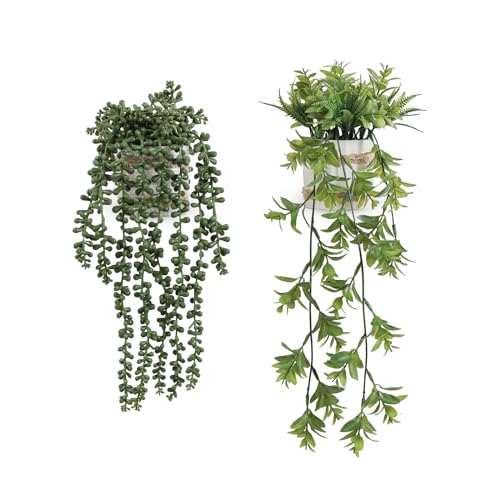 Fake Hanging Plants, 2pcs Artificial Potted Greenery Faux Eucalyptus Vine Fern and String of Pearls in Pot for Home Room Wall Shelf Patio Garden Indoor Outdoor Decor - color: Hangingb-2pcs