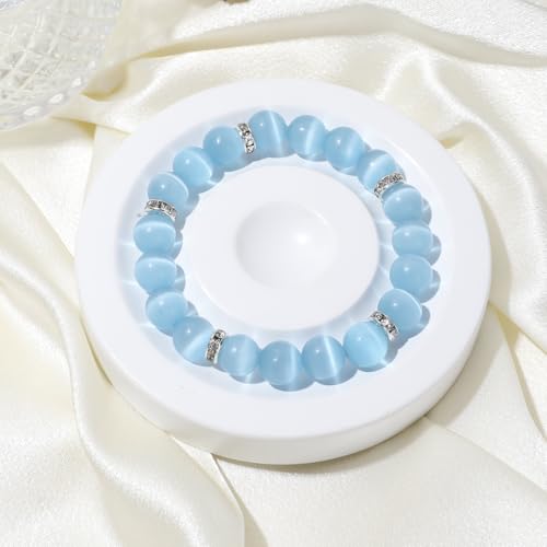 Healing Bracelet For Women Anxiety Crystal Bracelet Chakra Beaded Bracelets Rose Quartz Crystals And Healing Stones Yoga Bead Bracelet Calming Stretch Bracelet Stress Relief Gifts For Women - color: Marine Blue-Cat Eye
