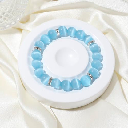 Healing Bracelet For Women Anxiety Crystal Bracelet Chakra Beaded Bracelets Rose Quartz Crystals And Healing Stones Yoga Bead Bracelet Calming Stretch Bracelet Stress Relief Gifts For Women - color: Marine Blue-Cat Eye