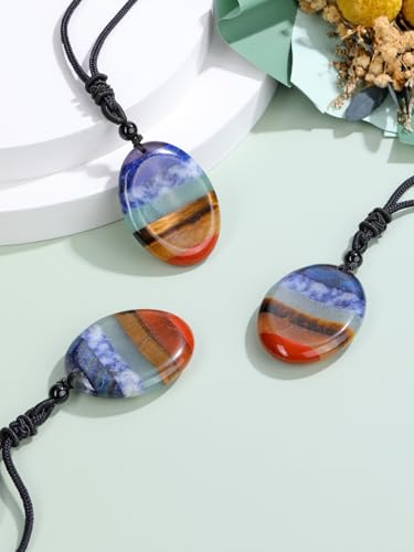 Jovivi Natural 7 Chakras Healing Crystals Necklace Oval Gemstone Palm Worry Stone Chakra Pendant Necklace for Anxiety Stress Relief Balancing Meditation - color: Oval-Shaped