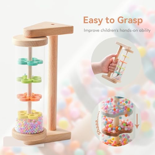Wooden Rain Stick with Handle & Stand, Montessori Sensory Musical Rattle for Toddlers 12+ Months, Calming Rainmaker with Beads for Tummy Time & Quiet Play, Baby Shower & 1st Birthday Gift