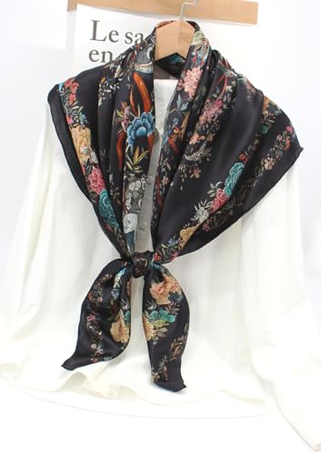 ANDANTINO 100% Silk Scarf 43" Large Square Lightweight Headscarf& Shawl–Women Hair Wraps-With Gift Packed - color: Floral-black