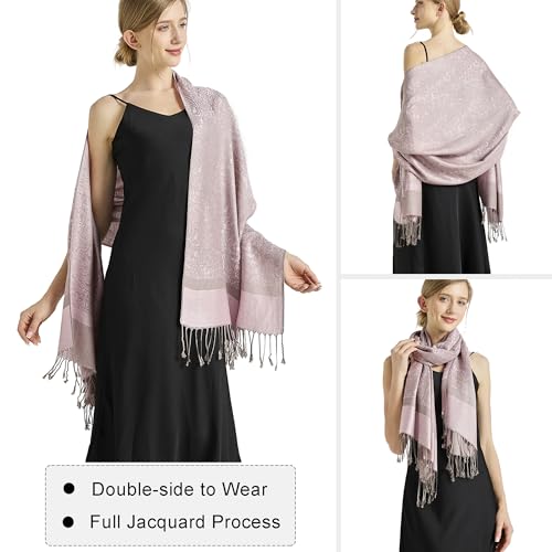 Silky Paisley Pashmina Shawl Scarf-Women's Soft Double-side Jacquard Pashminas Wrap for Evening Dress Travel Shawl - color: A-pink Grey