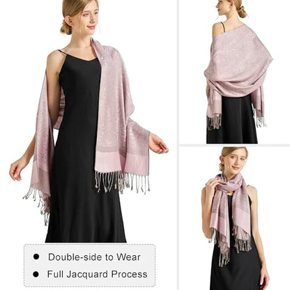 Silky Paisley Pashmina Shawl Scarf-Women's Soft Double-side Jacquard Pashminas Wrap for Evening Dress Travel Shawl - color: A-pink Grey