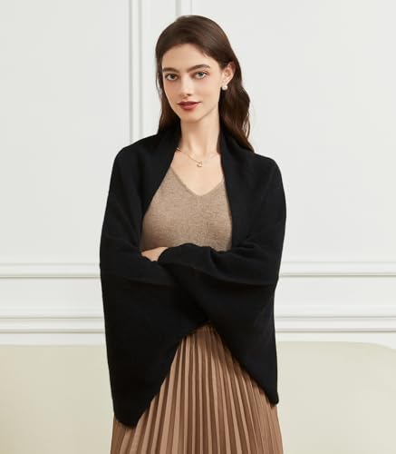 BRYCTSISEN Women's Lightweight Wool Shawl Wrap Scarf with Sleeves Outer Warm Knitted Open Front Poncho Cape Fall Winter - color: Black