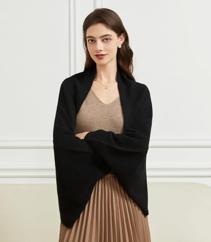 BRYCTSISEN Women's Lightweight Wool Shawl Wrap Scarf with Sleeves Outer Warm Knitted Open Front Poncho Cape Fall Winter - color: Black