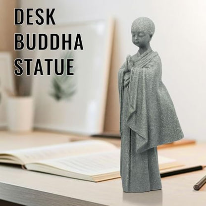 Stone Buddha Statue for Desk, Meditating Monk Statue with Praying Hands, Minimalist Sandstone, Exquisite Asian Zen Decor for Home/Office (5.3 Inch)