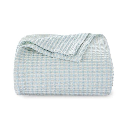 Lightweight Cotton Waffle Throw Blanket, Modern Two-Tone Check Pattern, Soft & Breathable for Bed, Couch, Sofa, All Seasons – Light Blue/White, 50"x60" - color: Blue/White, size: Queen