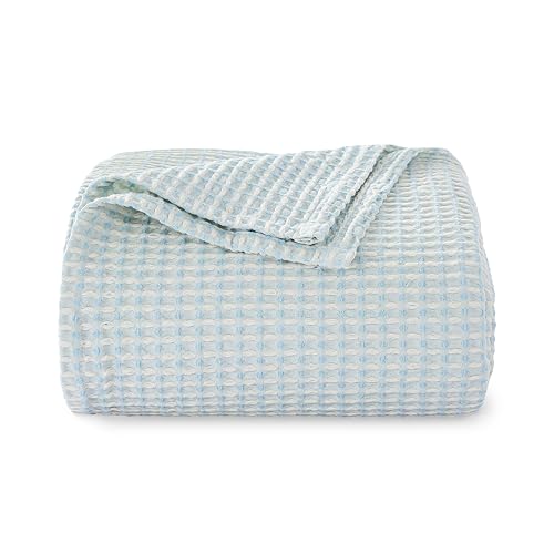 Lightweight Cotton Waffle Throw Blanket, Modern Two-Tone Check Pattern, Soft & Breathable for Bed, Couch, Sofa, All Seasons –Light Blue/White, 50"x60" - color: Blue/White, size: Twin