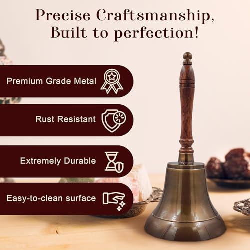 Large & Heavy Solid Brass Loud Hand Call Bell for Weddings, Christmas, School 11"(H) 5"(D) Antique Brass by THDC - color: Antique