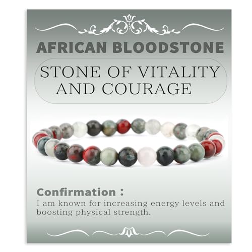 Bymitel Handmade Reiki Gemstone Stretch Bracelet, 4/6/8mm Natural Beauty & Spiritual Essence, Crystal Healing for Unisex Adults - color: African Bloodstone（ Stone of Vitality and Courage ）, size: 6mm