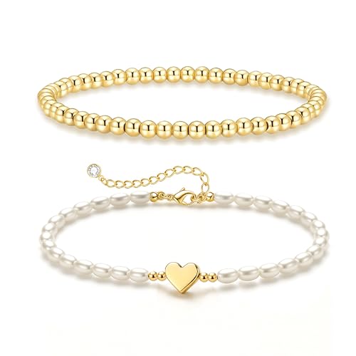 Zeffy Gold Pearl Beaded Bracelet for Women, 14K Gold Plated Jewelry Set With Paperclip Link Chain, Trendy Stack Bracelets - style: 2PCS Heart Beaded Bracelets