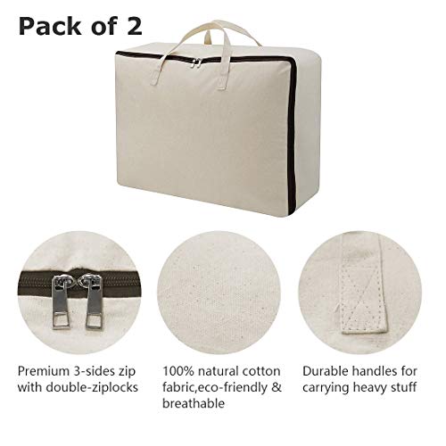 Breathable Canvas Cotton Soft Storage Bags with Handles & 3-side Zip, Good for Cotton Clothes Bedding Organizer Bins, Beige, 3pcs
