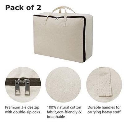 Breathable Canvas Cotton Soft Storage Bags with Handles & 3-side Zip, Good for Cotton Clothes Bedding Organizer Bins, Beige, 3pcs