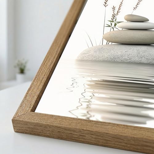 Calming Zen Stone Framed Wall Art - Serene Rock Balance with Water Reflection and Reeds, Natural Wood Frame Perfect for Bathroom, Spa, Living Roomor Meditation Decor 8''x10 Inch