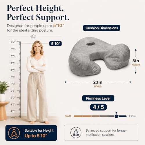Memory Foam Meditation Cushion for Floor Sitting, 23" Wide Floor Pillow with Foot Rest, 8" Thick Cross-Legged Yoga Seat for Adults, Mindfulness & Relaxation, Grey