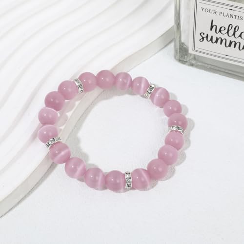 Healing Bracelet For Women Anxiety Crystal Bracelet Chakra Beaded Bracelets Rose Quartz Crystals And Healing Stones Yoga Bead Bracelet Calming Stretch Bracelet Stress Relief Gifts For Women - color: Pink-Cat Eye
