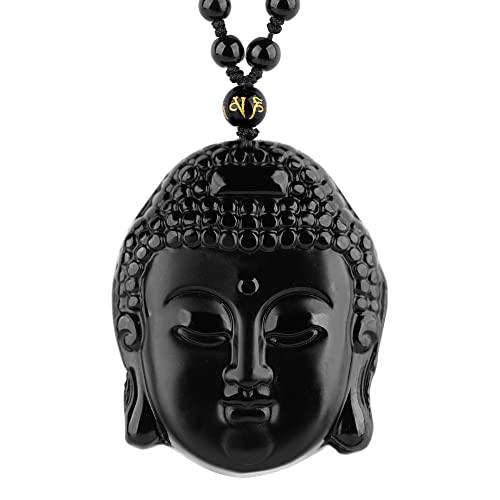 Black Obsidian Necklace Natural Crystal Amulet Protection Pendant with Adjustable Rope Lucky Talisman Necklaces Jewelry Gift for Men Women - color: Buddha Head