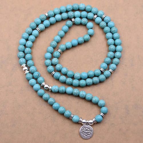108 Mala Beads Bracelet Necklace - Gemstone Prayer Beads with Lotus Charm for Meditation & Yoga - style: Turquoise