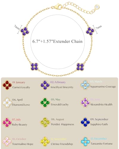 Birthstone Gold Clover Bracelet Dainty 14K Gold Plated Cute Friendship Stackable Bracelets for Women No Tarnish Trendy Charm Best Friend Bracelet Stack for Birthday Jewelry - color: 02. February(Amethyst)