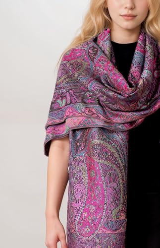 Achillea Reversible Paisley Pashmina Rave Scarf – Exotic Indian Shawls and Wraps for Evening Dresses, Festivals, All Seasons - color: Tapestry Fuchsia