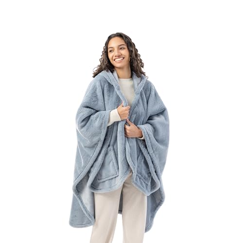 Berkshire Faux Fur Wearable Blanket, Cozy Reversible Loftmink Fleece Shawl with Hood & Side Pockets - color: Polar Blue
