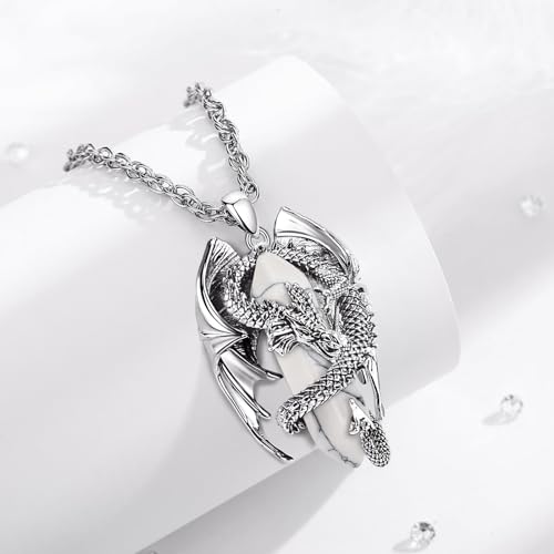 INFUSEU Unique Dragon Necklaces with Healing Crystal Stone for Men Women, Personalized Spiritual Gifts, 24 Inch Chain - color: White Howlite