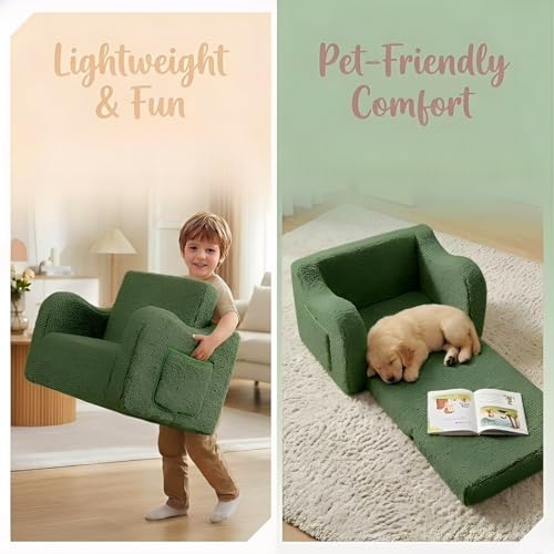 MOMCAYWEX Kids Sofa, 2-in-1 Flip-Out Foam Couch with Soft Sherpa Cover, Cozy Play Lounge Chair, Green - color: Green, size: Medium