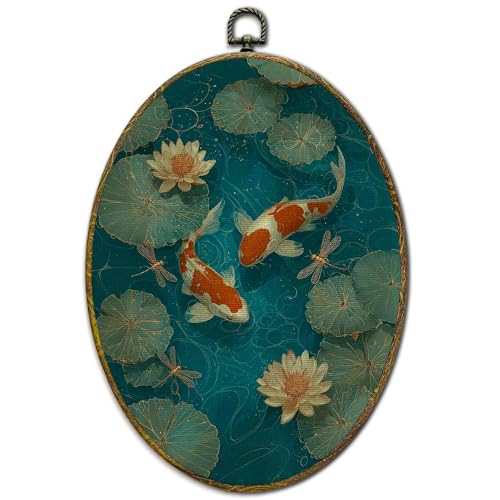 XFCICRLJ Japanese Koi Fish Wall Art Decor, Japandi Oriental Fishing Oval Canvas Prints Framed, Cottagecore Pond Koi Fish Wall Art Decorations for Home Bedroom Living Room Decor, 11x8.5 Inch - color: Koi fish Lotus leaf