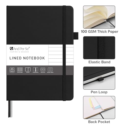 &And Per Se Lined Journal Notebook – A5 Hardcover, 160 Pages 100gsm Thick Paper, College Ruled for Writing - 5.7”x8” (Black)