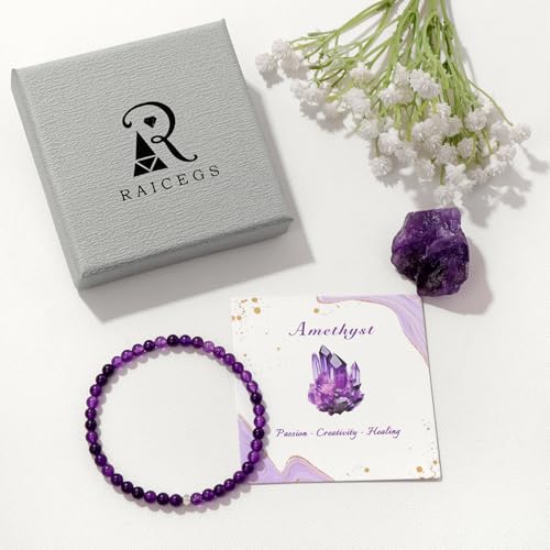 Raicegs 4 6 8MM Beaded Bracelets Healing Crystal Bracelet for Women Men Natural Stone Handmade Stretch Bracelet Reiki Spiritual Jewelry - color: Amethyst, size: 4mm