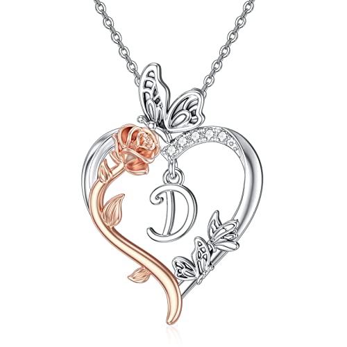 TOUPOP Gifts for Women Her 925 Sterling Silver Rose Heart Initial Necklace Butterfly Heart Jewelry Anniversary Birthday Gifts for Wife Girlfriend Mom - color: D Initial