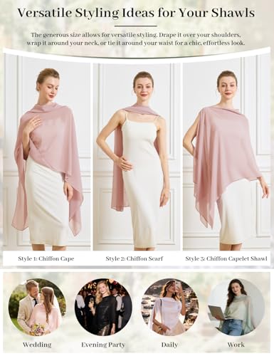 Chiffon Cape Shawl Wrap Scarf 3 Ways to Wear Elegant Sheer Capelet for Evening Dresses Weddings Parties - color: Ballet Pink
