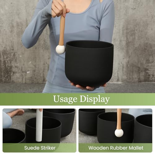 432HZ 7-11 Inch 3 Pcs Black Frosted Crystal Singing Bowl Set for Meditation Healing Yoga Chakra Quartz Crystal Sound Bowls with Heavy Duty Carry Cases and Rubber Mallet,Suede Striker,O-rings