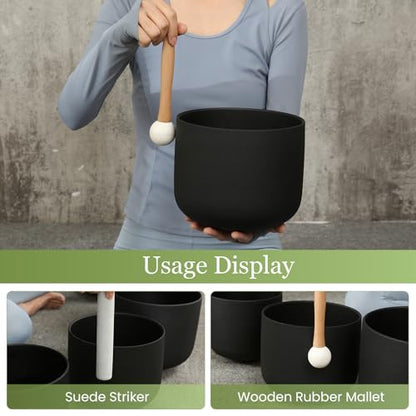 432HZ 7-11 Inch 3 Pcs Black Frosted Crystal Singing Bowl Set for Meditation Healing Yoga Chakra Quartz Crystal Sound Bowls with Heavy Duty Carry Cases and Rubber Mallet,Suede Striker,O-rings