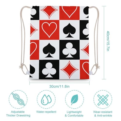 Suits Hearts Diamonds Clubs Spades Grid Poker Playing Cards Portable Canvas Drawstring Backpack with Drawstring Pockets 30x40cm - color: Suits Hearts Diamonds Clubs Spades Grid Poker, size: 30x40cm