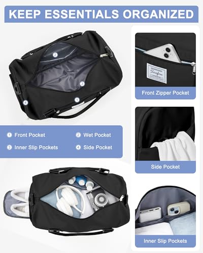 Gym Bags Womens Mens with Shoes Compartment and Wet Pocket Travel Duffel Bag for Women for Plane Sport Gym Tote Bags Swimming Yoga Small Waterproof Weekend Overnight Carry on Bag Hospital Holdalls - color: A4-Black