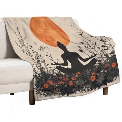 Bohemian Yoga Fantasy Throw Blanket for Couch Bed, Soft Cozy Floral Moon Rustic Art Deco Sofa Decor Blankets for Women, Men, 60"x80" - color: Bohemian Yoga Fantasy, size: 60"x80"