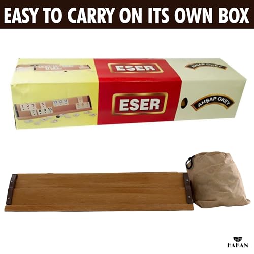 Hakan Turkish Okey Game Rummy Cube Game Rummy Cube Set with 4 Straight Wooden Racks Tile Holder and 106 Melamine Tiles Stones in Pouch